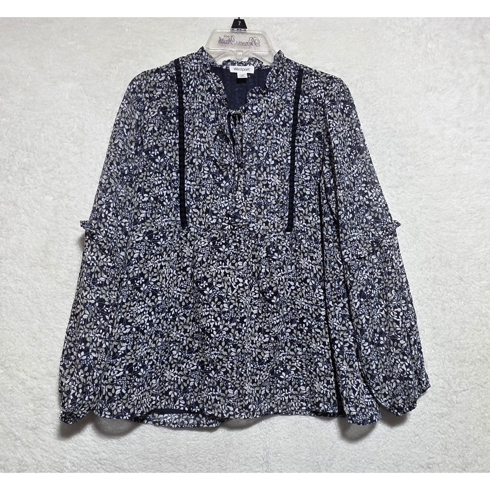 Westport Petite XS Navy Blue Floral Ruffle Tie Front Long Sleeve Blouse Top